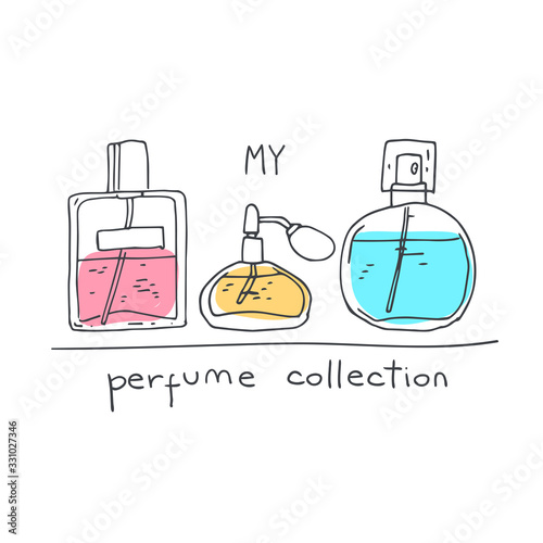 Perfume collection stand on a shelf. Doodle glass bottles set.