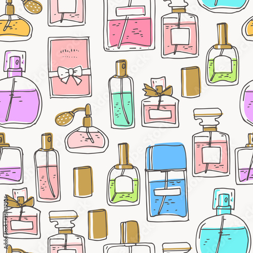 Perfume seamless pattern. Doodle glass bottles. Vector illustration