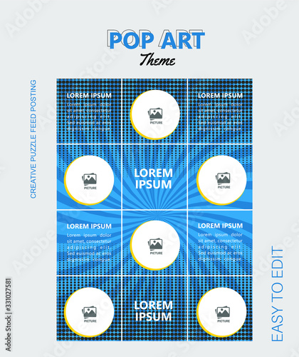 modern social media post feed, instagram feed, pop art, blue, minimalist.