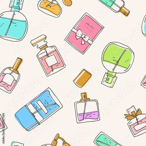 Perfume seamless pattern. Doodle glass bottles. Vector illustration