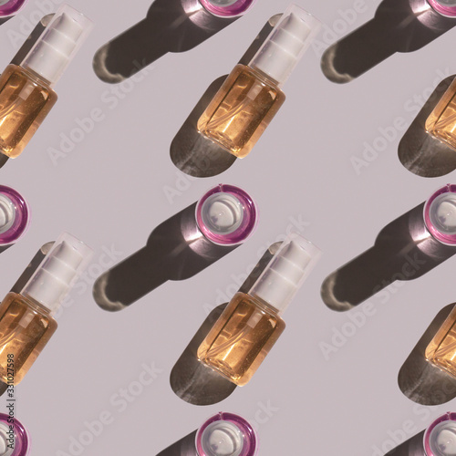 Laying antibacterial gel in pump bottles seamless pattern.