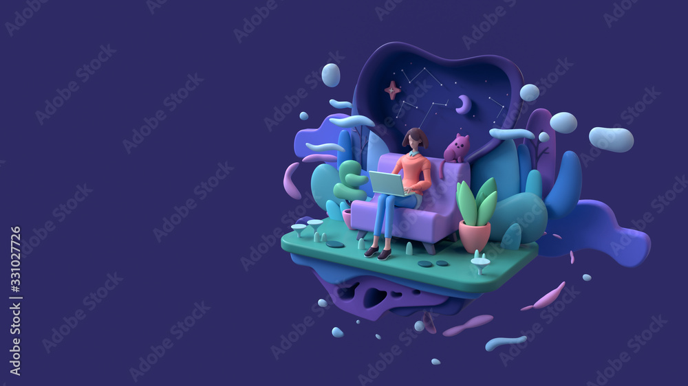 Brunette woman with a laptop sitting on a sofa late at night. Abstract concept art lazy sedentary lifestyle of a young freelancer working from home with cat, plants. 3d illustration on blue background