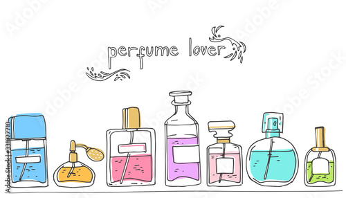 Perfume collection stand on a shelf. Doodle glass bottles set. Vector illustration.