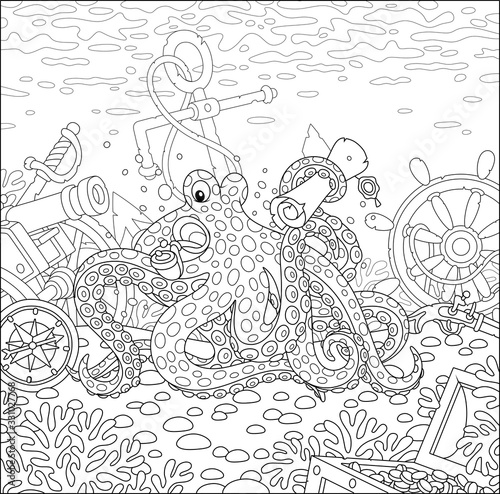 Sea pirate Octopus with a map of a treasure island and a big wooden chest of gold from an old sunken ship among wreckage of a shipwreck on a coral reef  black and white vector cartoon illustration