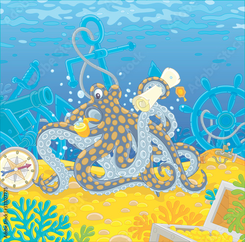 Sea pirate Octopus with a map of a treasure island and a big wooden chest of gold from an old sunken ship among wreckage of a shipwreck on a coral reef, vector cartoon illustration