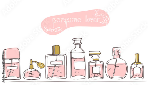 Perfume collection stand on a shelf. Doodle glass bottles set. Vector illustration.