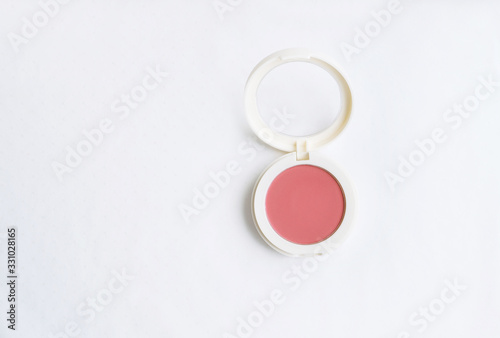 Pink Blush Powder Makeup on white clothing background, cosmetics concept