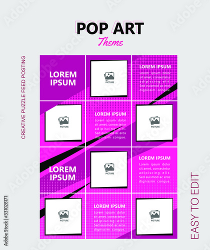 modern social media post feed, instagram feed, pop art, blue, minimalist.