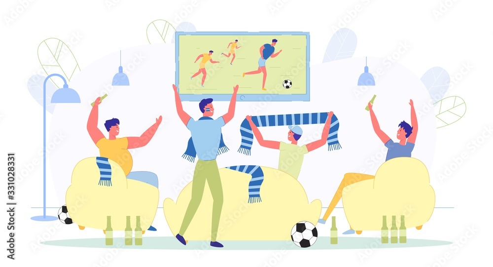 Naklejka premium Friends Supporting Football Team in Living Room.
