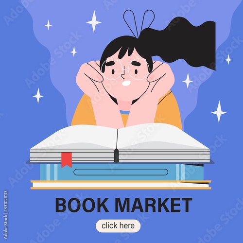 Vector illustration of a smiling girl character reading a book or story. Creative banner, poster, invitation, post for book crossing, exchange, marker or fair. World literacy or reading day.