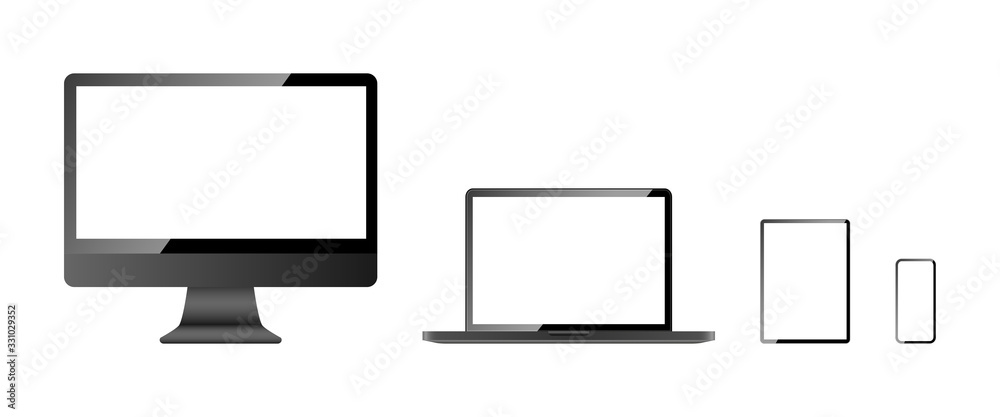 Devices screen mockup collection. Computer screen, laptop, tablet and mobile phone, isolated on white background. Devices with blank screen in realistic design. Vector illustration Devices screen mockup collection. Computer screen, laptop, tablet and mobile phone, isolated on white background. Devices with blank screen in realistic design. Vector illustration