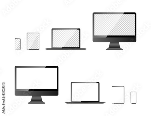 Devices screen mockup collection. Computer screen, laptop, tablet and mobile phone, isolated on white background. Devices with blank screen in realistic design. Vector illustration