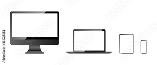Devices screen mockup collection. Computer screen, laptop, tablet and mobile phone, isolated on white background. Devices with blank screen in realistic design. Vector illustration