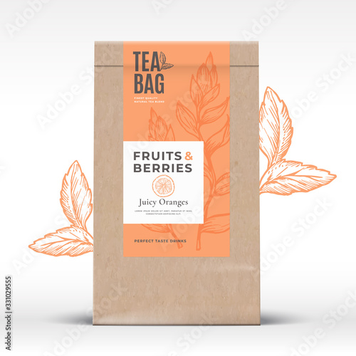 Craft Paper Bag with Fruit and Berries Tea Label. Abstract Vector Packaging Design Layout with Realistic Shadows. Modern Typography, Hand Drawn Orange and Leaves Silhouettes Background.