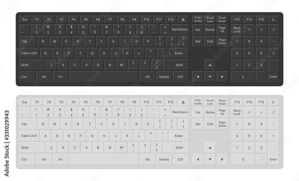White and black pc and laptop keyboard. Keyboard for personal computer. Keyboard button layout template. A device that allows a user to enter information into a computer. Buttons set.