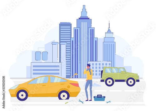 Man Looking at Broken Car on Road, Box with Tools.