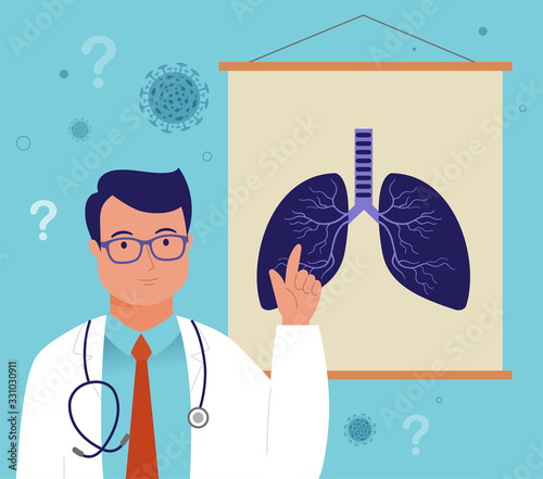 Ask the doctor. Doctor, medical professional is standing in front a board with lungs illustration. Simply add the text. Vector design