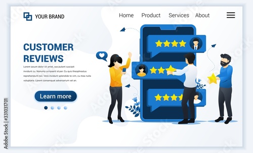 Customer reviews concept, People giving stars rating, feedback, satisfaction, and evaluation. Modern flat landing page template design for website and mobile website. Vector illustration