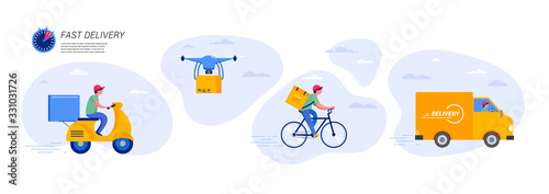Online delivery service concept, online order tracking, delivery home and office. Warehouse, truck, drone, scooter and bicycle courier, delivery man. Vector illustration