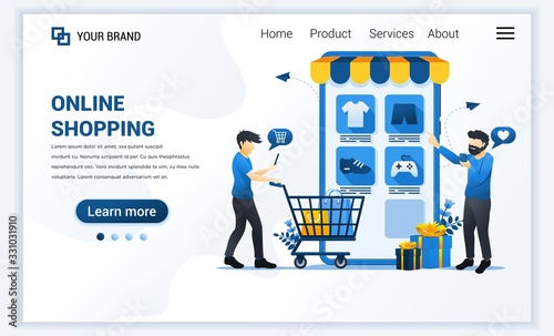 Vector illustration of Online shopping concept. Young men buying products in online application store. Modern flat web landing page template design for website and mobile website. flat cartoon style