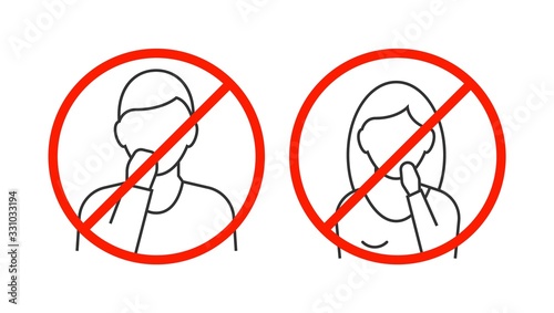 Dont touch your face line icons on white backgound. Man and woman avatar