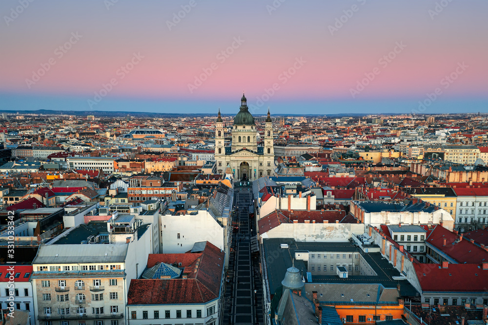 Europe Hungary Budapest St Stephens basilica. Aerial view. Roofs. Skyline sky