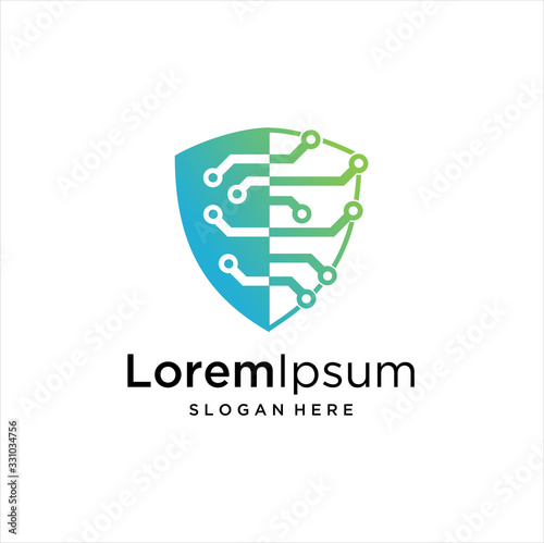 Shield security logo design vector. Security guard symbol icon. Protection shield vector with technology symbol, Shield  Idea logo design inspiration