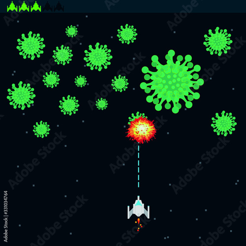 fight against coronovirus in retro style. The concept of the destruction of the virus in a pixel game.