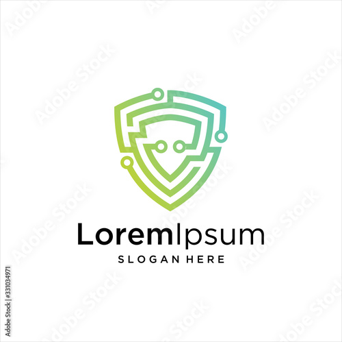 Shield security logo design vector. Security guard symbol icon. Protection shield vector with technology symbol, Shield  Idea logo design inspiration