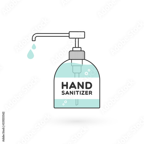 Hand sanitizer bottle isolated with pump. Washing alcohol gel used against viruses, bacteria, flu, coronavirus. Waterless hand cleaner. Handwashing. Black outline. Vector illustration, flat design