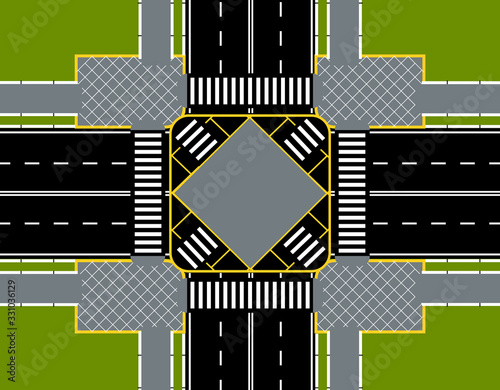 City street crossroads with zebra crosswalk. Place for advertisement, announcement. Close-up with lawns. illustration