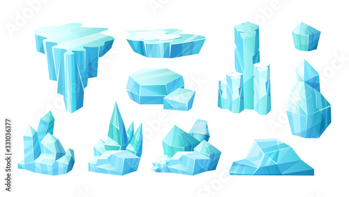 Crystals of ice, iceberg broken pieces of ice, icicles, cold frozen blocks ice mountain, winter landscape for game design cartoon vector illustration