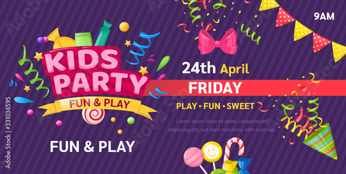 Kids zone entertainment childish banner for birthday party, childish fun party. Decoration for a children's playroom, kids game room. Party invitation, flyer template vector illustration