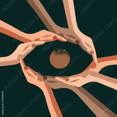 Eye care icon logo template. Eyelashes making from multicultural hands. Graphic concept for ophthalmology clinic, glasses, patches, make up studio, shadows, contact lens. Sight illustration