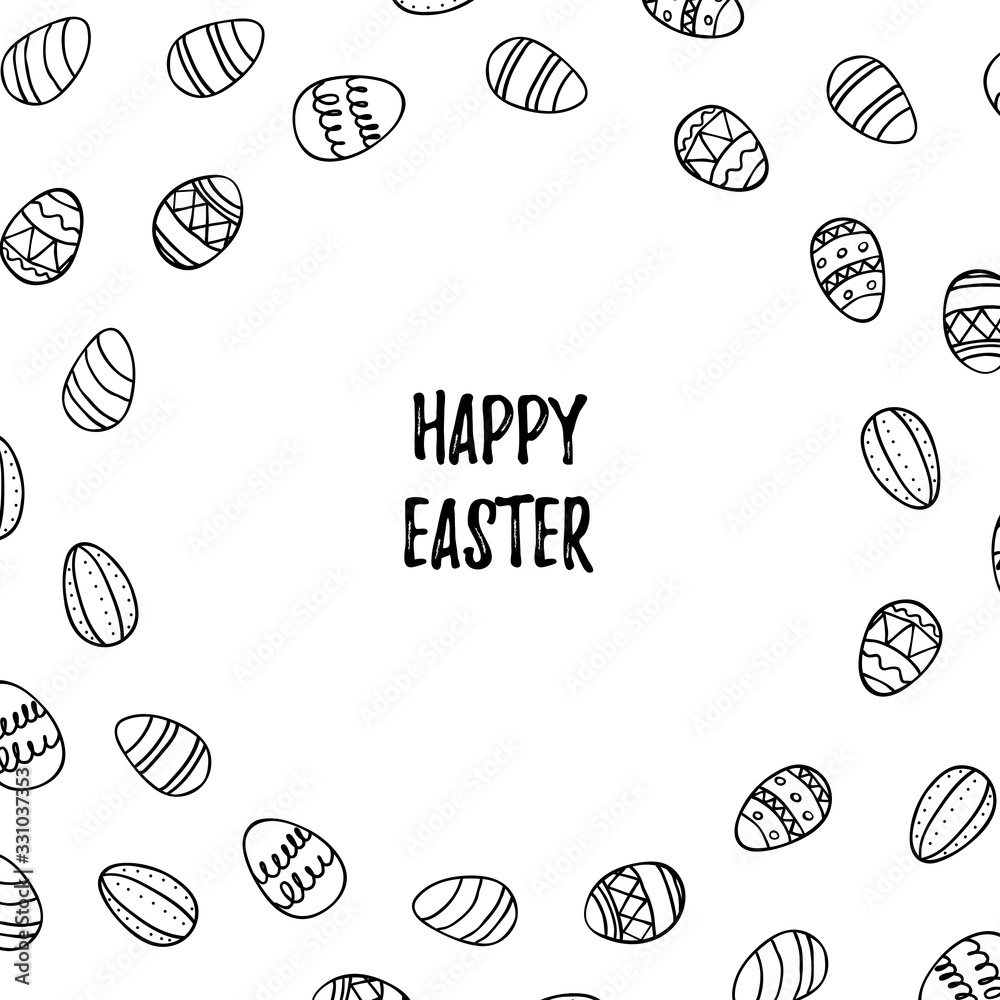 Greeting card. Easter wreath with Easter eggs hand drawn black on white background. Decorative frame from eggs. Easter eggs with ornaments in circle shape. Greeting card. Easter wreath with Easter eggs hand drawn black on white background. Decorative frame from eggs. Easter eggs with ornaments in circle shape.