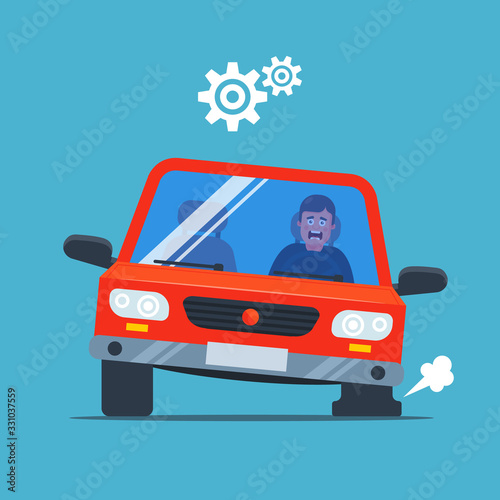 the car pierced the wheel and began to inflate. upset driver. flat vector illustration.