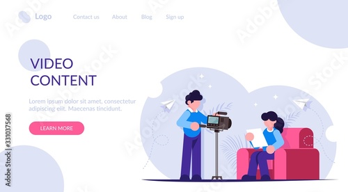 Create video content for your blog. People are making videos. Shooting on camera. Modern flat vector illustration. Landing web page template. © shendart