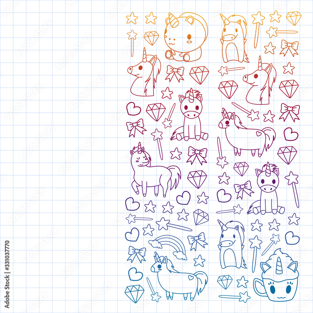 Children pattern with fairy tale unicors for kids clothes, posters, banners, shirts. Vector image with cartoon character.