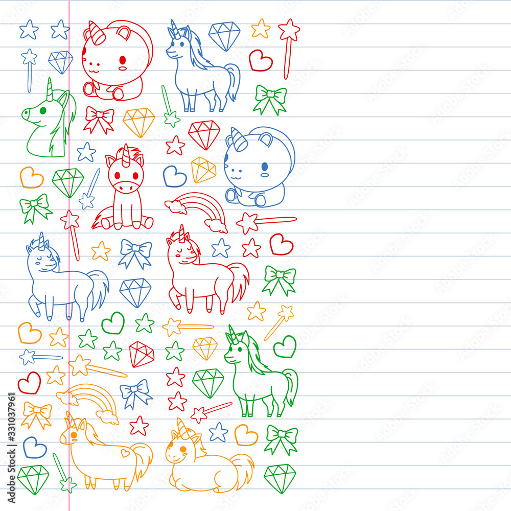Children pattern with fairy tale unicors for kids clothes, posters, banners, shirts. Vector image with cartoon character. Children pattern with fairy tale unicors for kids clothes, posters, banners, shirts. Vector image with cartoon character.