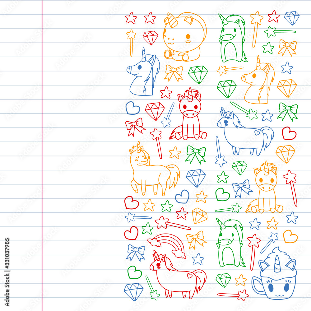 Children pattern with fairy tale unicors for kids clothes, posters, banners, shirts. Vector image with cartoon character. Children pattern with fairy tale unicors for kids clothes, posters, banners, shirts. Vector image with cartoon character.