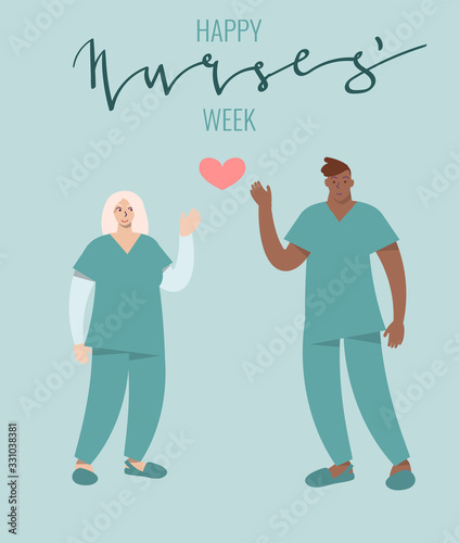 Nurse Week celebration card. Cartoon characters of male and female person standing. Vector art in minimal style.