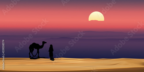 Vector illustration Arab man with camel walking in desert sands with sunset in evening,Vertical Scenery of sun over mountains during twilight in magenta color above desert and sand dunes.