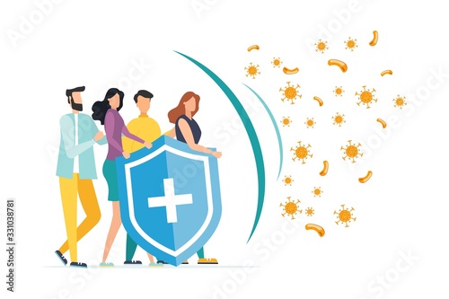 Immune system vector icon logo. Protection against bacteria health viruses. A healthy mans and womans stand behind a shield and repel an attack of bacteria by the shield. Enhance immunity with medicin photo