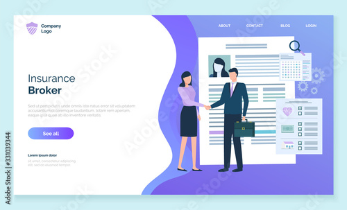 Insurance broker on meeting with client. Female character handshaking with male wearing formal clothes. People discussing property contract problems. Website or webpage template, landing page vector