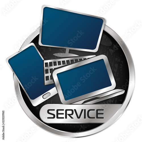 Laptop smartphone and computer in silver circle symbol service and repair