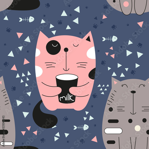 Funny Cats seamless pattern with cute kittens and milk. Feline background. Vector Illustration. Great for wallpaper, baby clothes, greeting card, wrapping paper. Blue background.