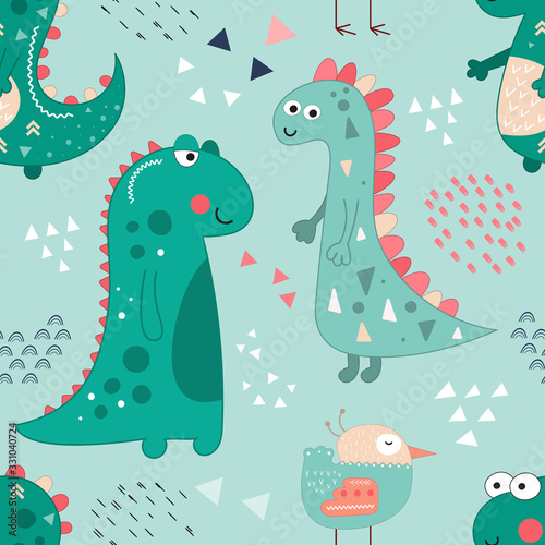 Seamless pattern with hand drawn mint dinosaurs and bird on blue background. Vector Illustration. Kids illustration for nursery design. Dino style trendy for baby clothes, wrapping paper. © Nursery Art