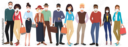 Plakat Vector People in casual clothes wearing face masks to prevent disease. Coronavirus in China, Europe and USA. Novel coronavirus 2019-nCoV, COVID-19, SARS-CoV-2. Man woman medical face mask protection
