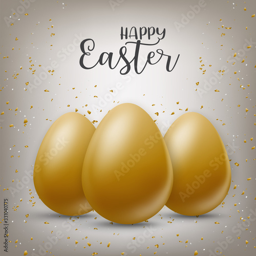Easter poster. Golden eggs and confetti. Vector illustration.