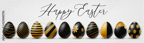 Happy Easter holiday banner or newsletter header. Golden eggs set width black ornament. Vector illustration with lettering.